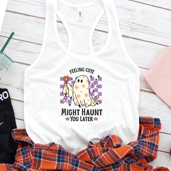 Hand Crafted Tops - Halloween Shirt Retro Ghost Feeling Cute Might Haunt You Later Graphic Tank Top